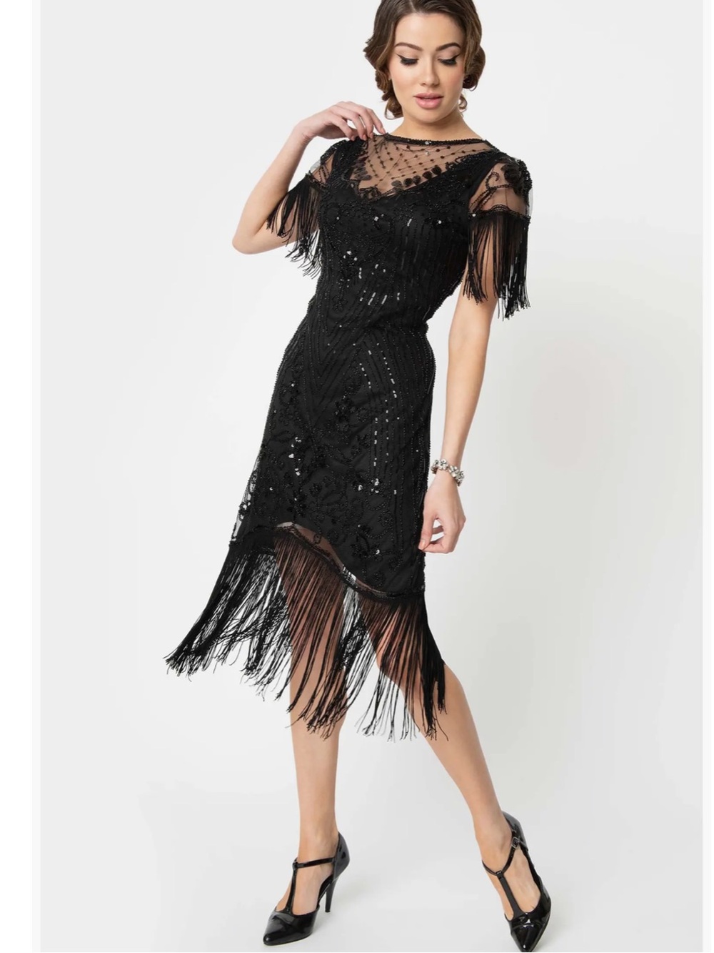 Unique Vintage Nadine Black Beaded Fringe Flapper Dress L 10/12